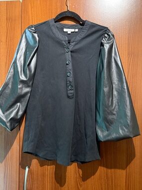 Chico's Black Top with Shiny Puff Sleeves